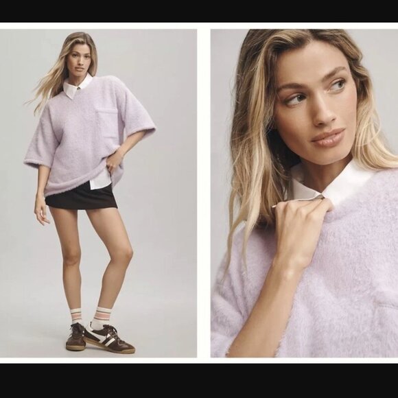 Anthropologie Oversized Eyelash Knit Pullover Sweater Top Size M Lavender Pocket - Picture 1 of 10